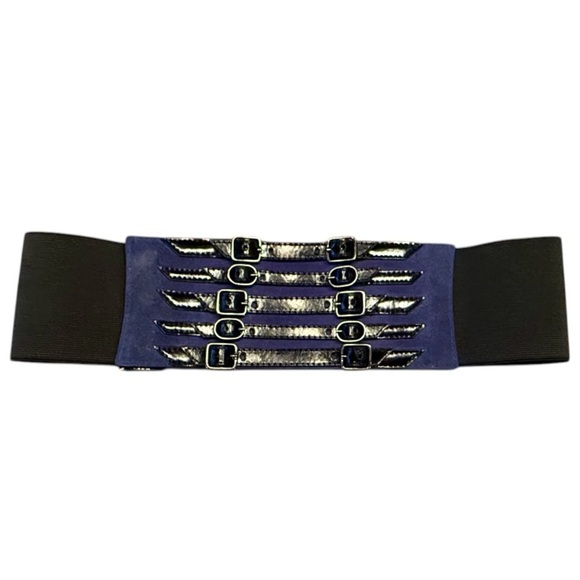 Vintage Blue Suede w/ Black Patent/Silver Buckles Stretch Back 3”Elastic Belt - Picture 1 of 8